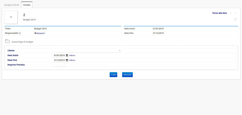 screenshot inserimento cliente, validità e importo modulo budgeting